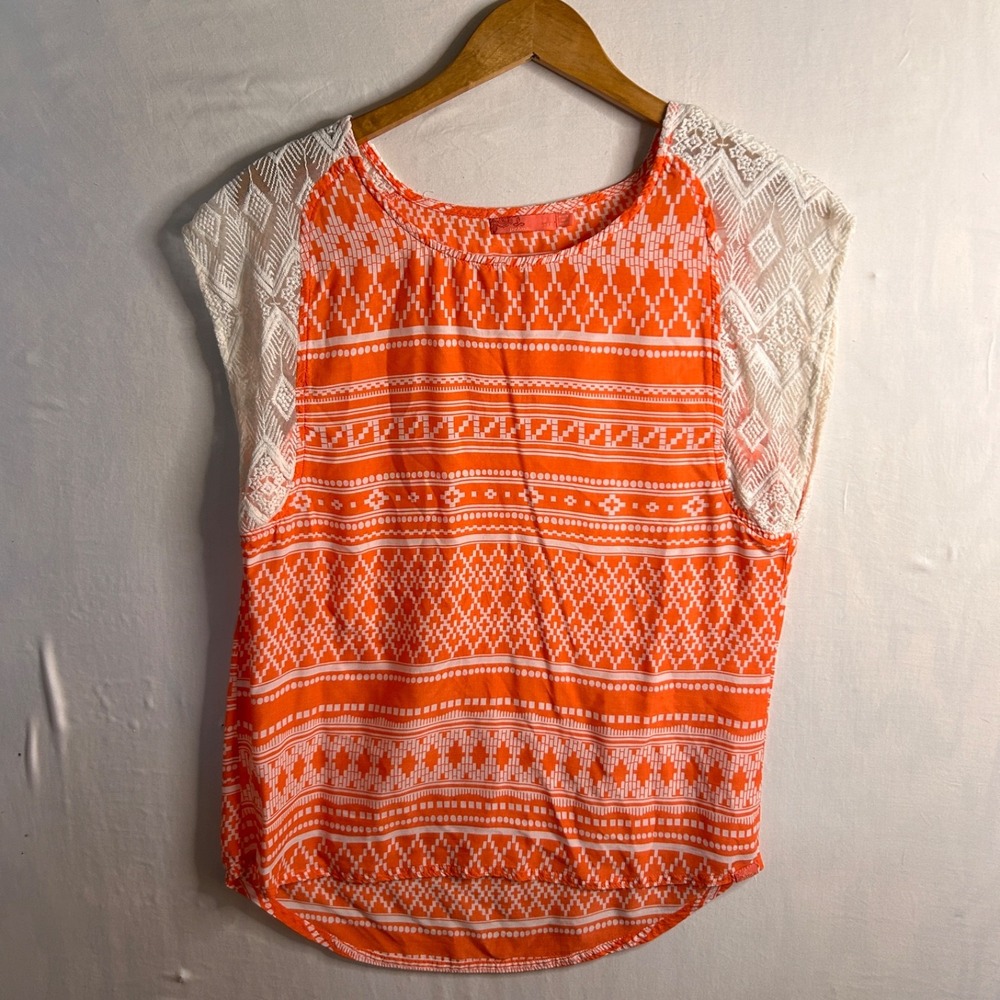 Prana Tank Top Womens M Orange Crochet Lace Geometric Aztec Boho Festival